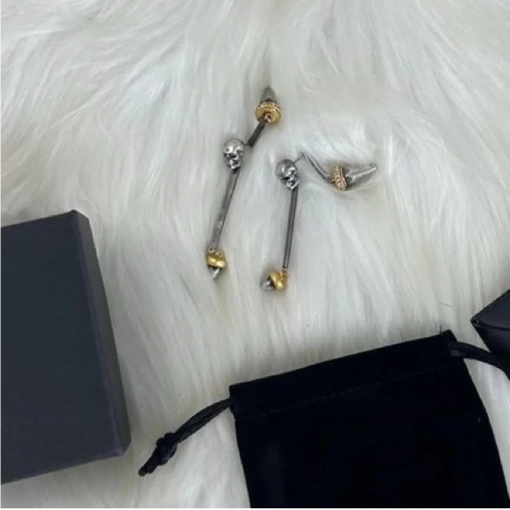 Alexander McQueen Silver Skull Drop Earrings with Gold Accents - Picture 4 of 4